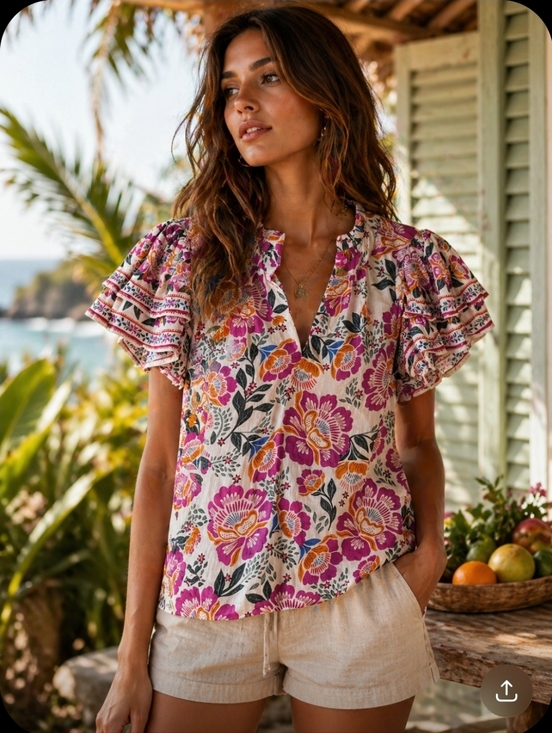Nicole Miller Tops - EUC Artlier Nicole Miller Tropical Floral Ruffle-Sleeve Blouse - Pink Multi